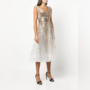 NWT Gorgeous Sparkly Marchesa Notte Gold Nude Sequin V Neck Midi Dress Size 6